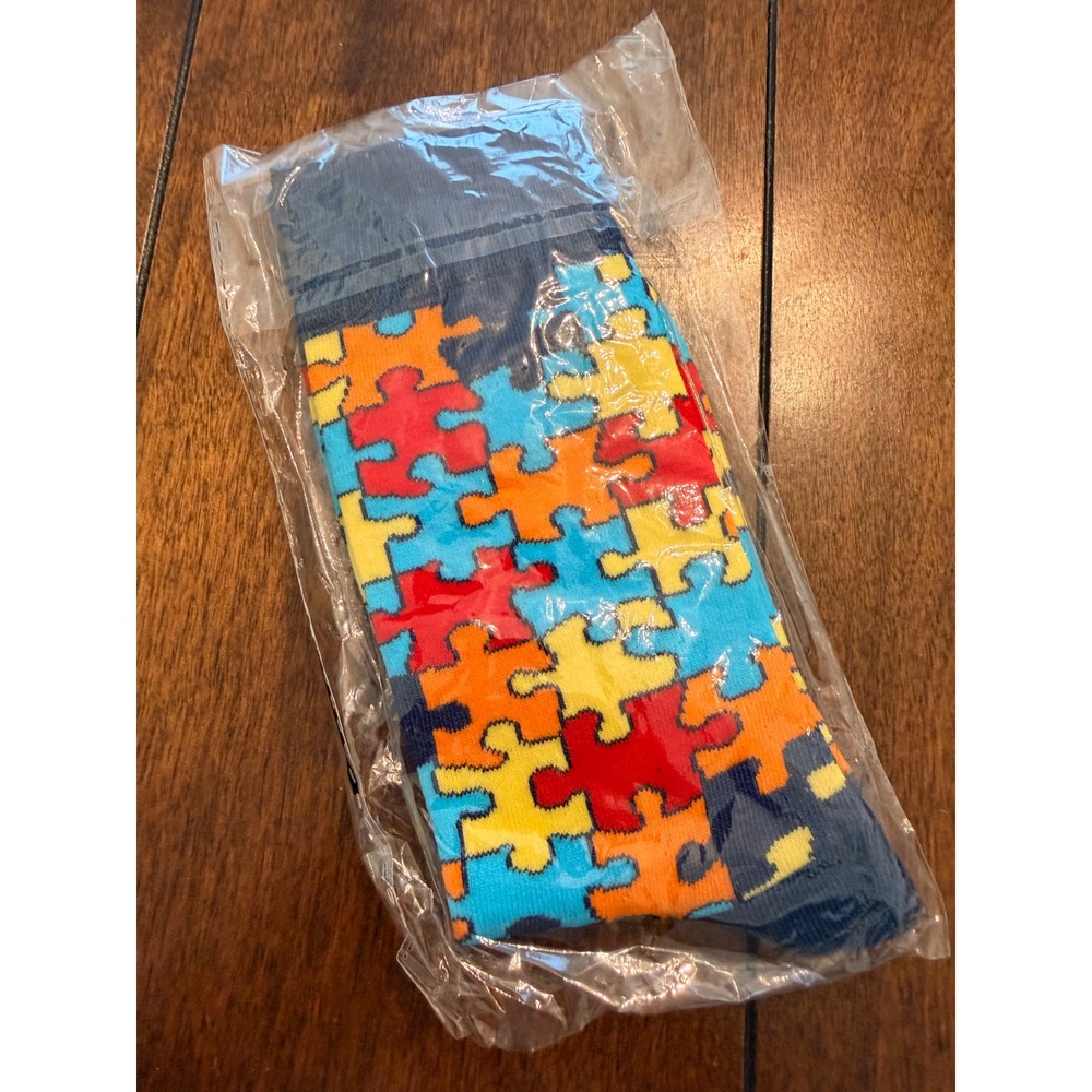 Autism Awareness Puzzle Piece Pattern Crew Socks Navy‎ Blue Multicolor Adult